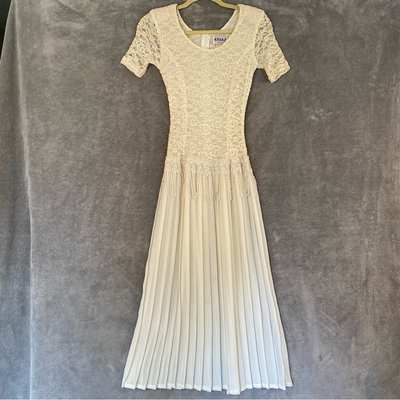 Vintage 80s Drop Waist Pleated Flapper Dress Lace Beading Fringe Formal USA - Picture 1 of 10